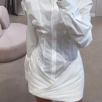 White Pleated Long Sleeve Mini Shirt Dress
