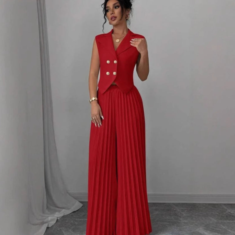 Vest Top And Pleated Straight Pants Set - red
