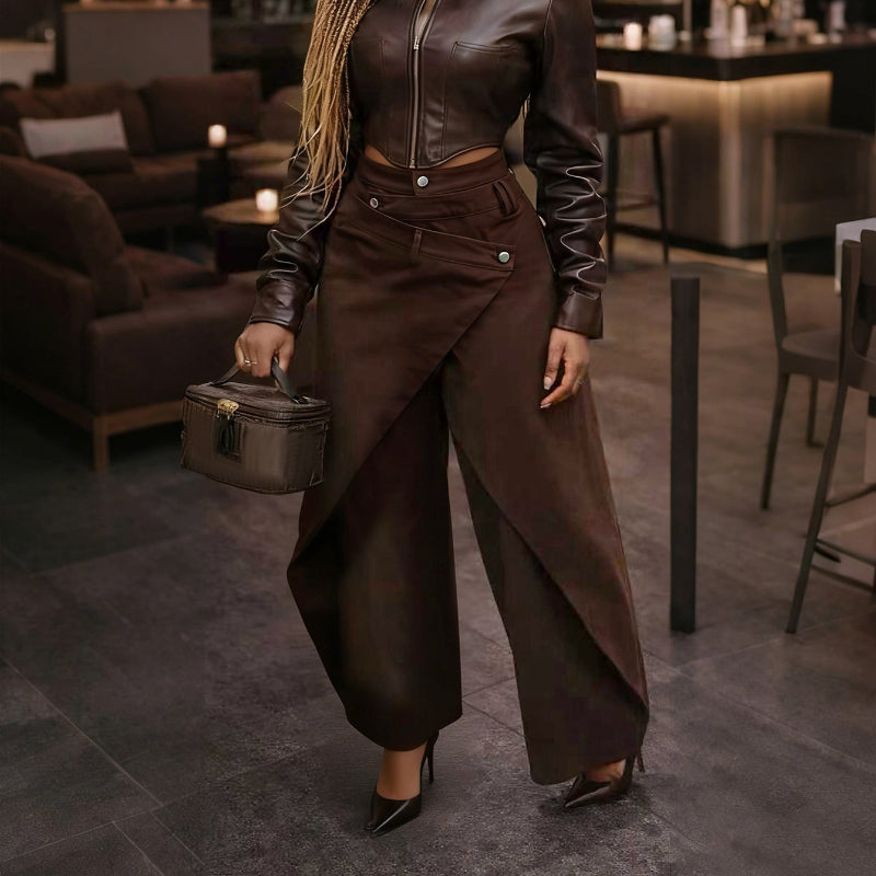 Retro High-waisted Cross-over Metal Buckle Irregular Wide-leg Pants - coffee