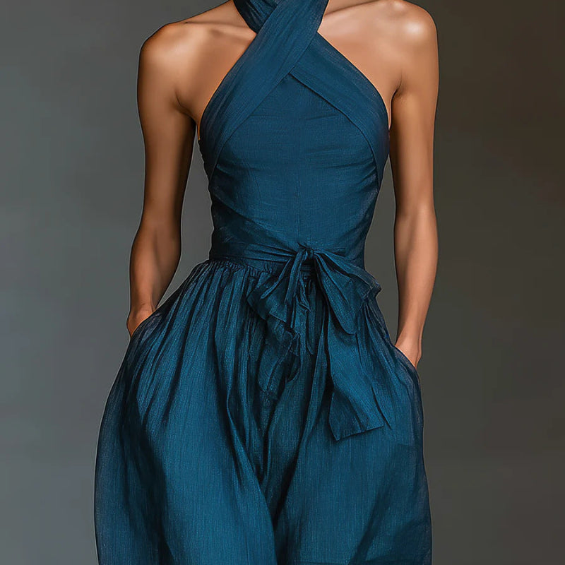 Linen Cross-Strap Wide-Leg Jumpsuit - blue