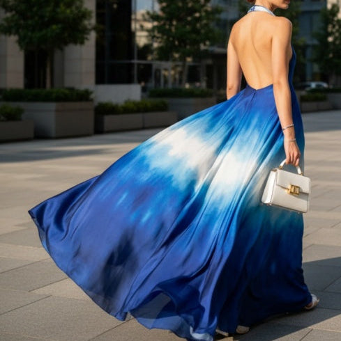 Ombre Halter Backless Maxi Dress-Elegant Blue Gradient Evening Gown
