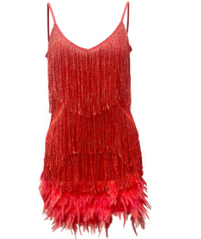 Tassel Sequins Feather Summer Mini Dress - red
