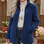 Stand Collar Zip-Up Fleece Jacket - navy blue
