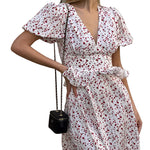Ditsy Cherry Floral Flutter-Sleeve Ruffle Waist Maxi Dress
