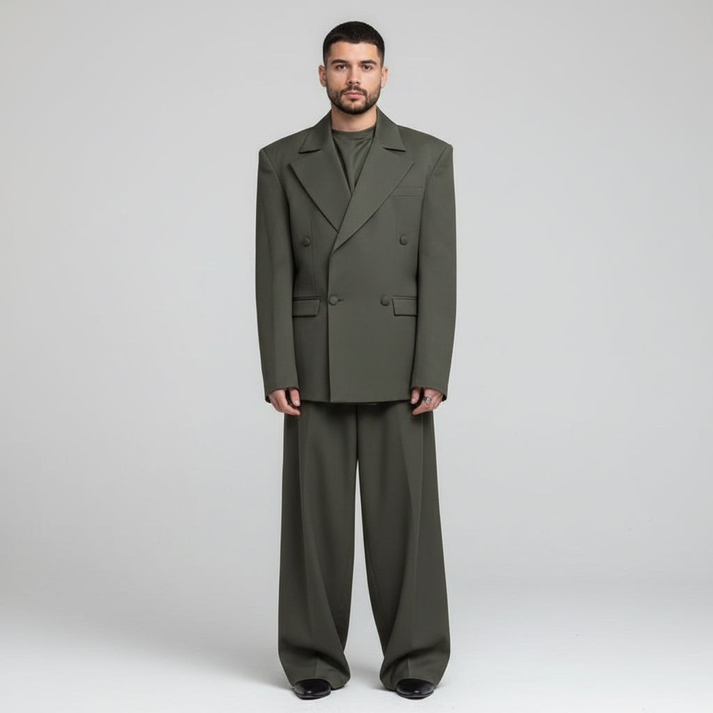 Olive Green Oversized Three-Piece Suit With Blazer, Waistcoat And Wide-Leg Pants