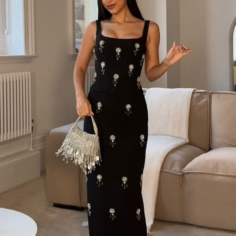 Black Two-piece Beaded Zipper Top & Skirt Set
