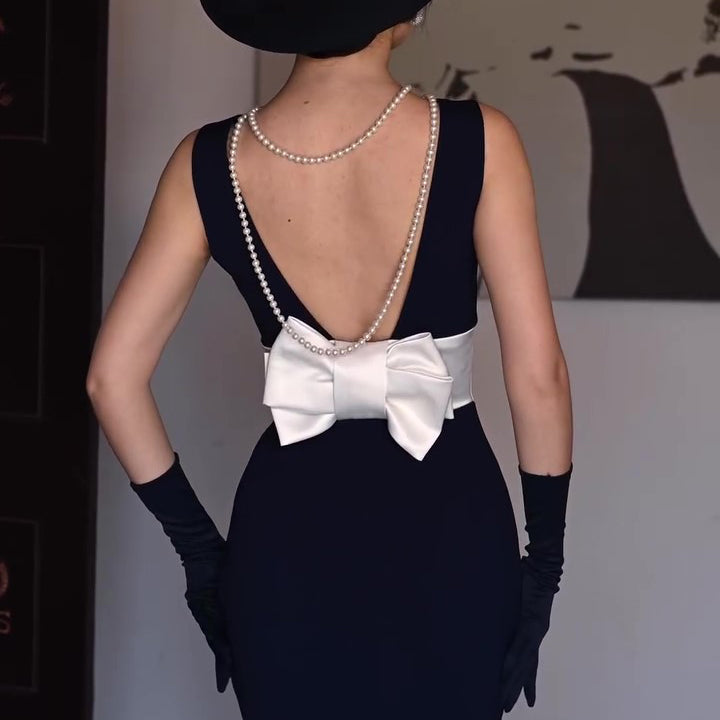 Black And White Contrast Bow Sleeveless Midi Dress