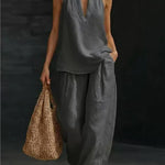 Sleeveless V-neck Halter Top And Wide-leg Pants - grey