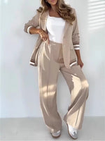 2 Pcs Set Long Sleeves Jacket Wide Leg High Waist Trousers Outfit - beige