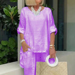 Chic Summer Casual Hemp-Cotton Suit - purple