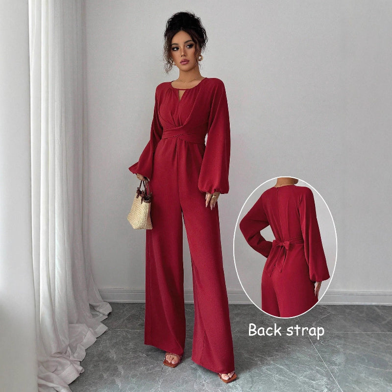 Square Neck Puffed Sleeve Jumpsuit - Red