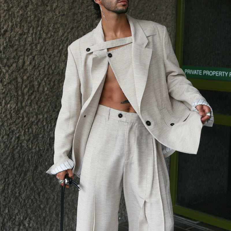 Beige Textured Three-piece Set With Oversized Blazer
