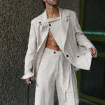 Beige Textured Three-piece Set With Oversized Blazer