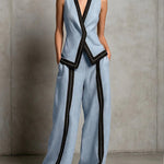 Contrast Trim Vest & Wide Leg Pants Set - blue