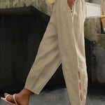 Button-Adorned Bottom Hem Pants - khaki