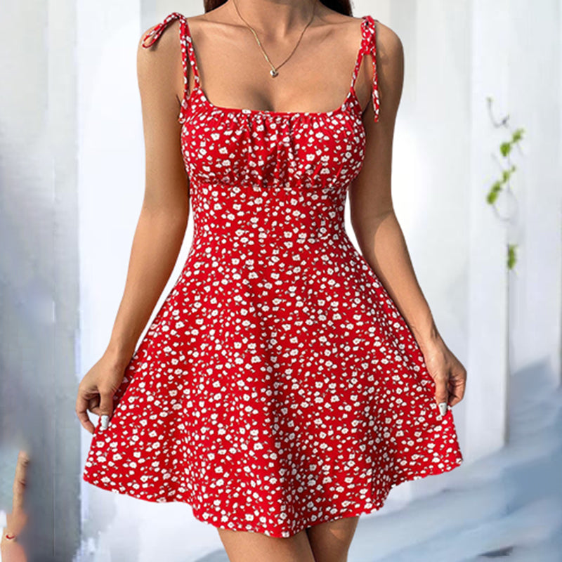 Floral Spaghetti Strap Sleeveless Tie Shoulder Ruffle Summer Boho Mini Dresses