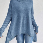 Irregular Turtleneck Sweater: Modern Intellectual Style - blue