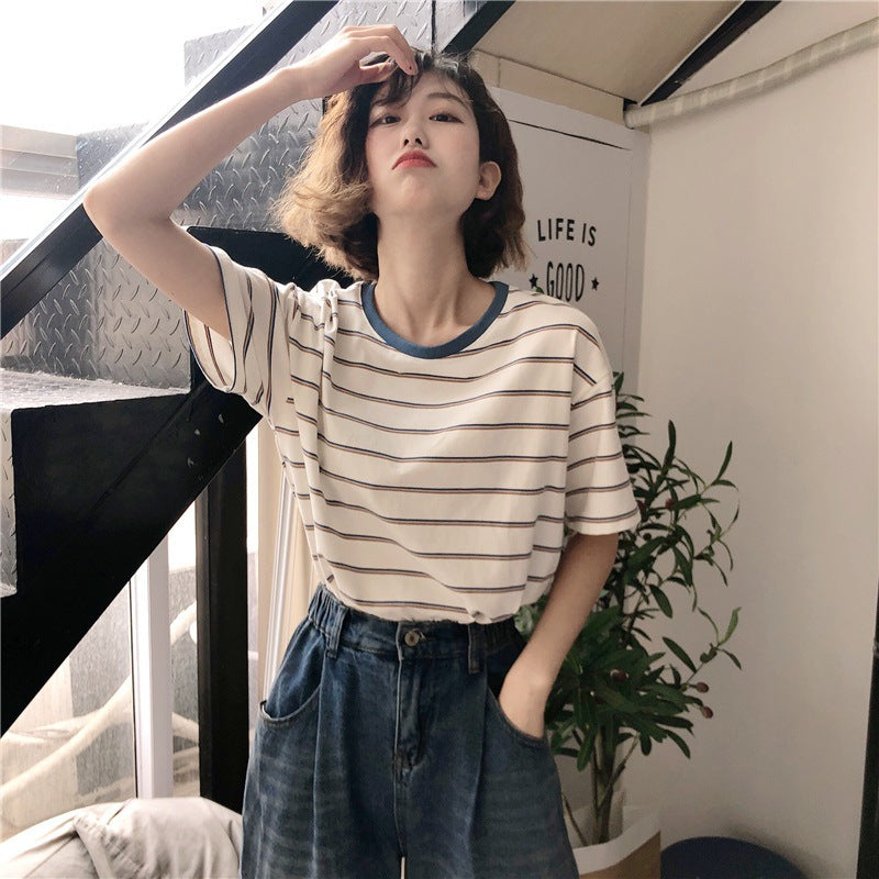 Academy Style Loose Slim Fit Blue Striped Top