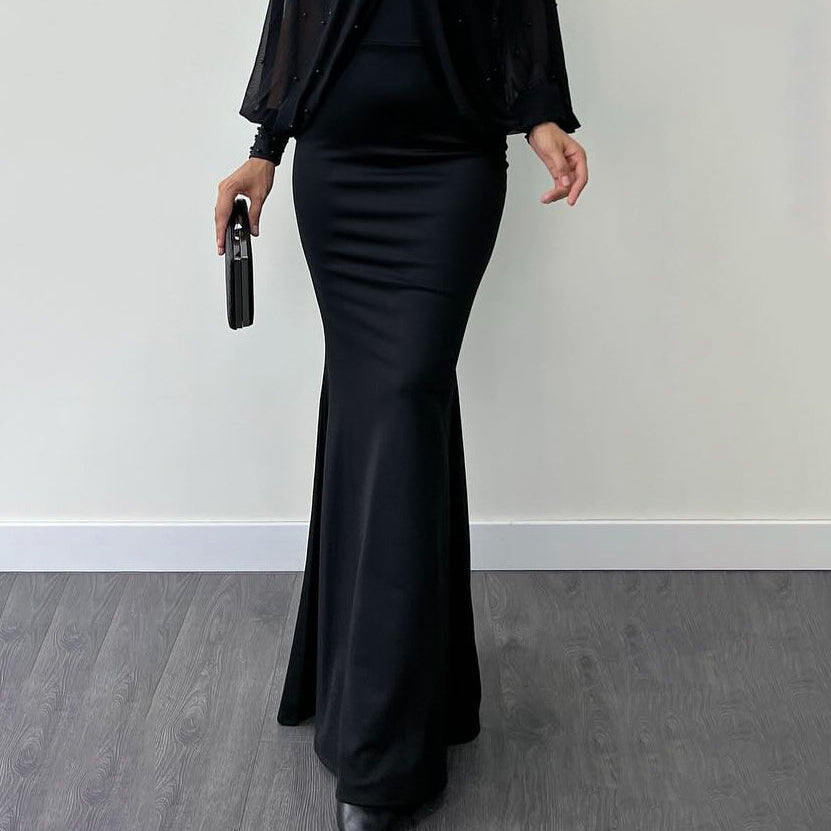 Halter Neck Mesh Beaded Suspender Maxi Dress Two-piece Set - black