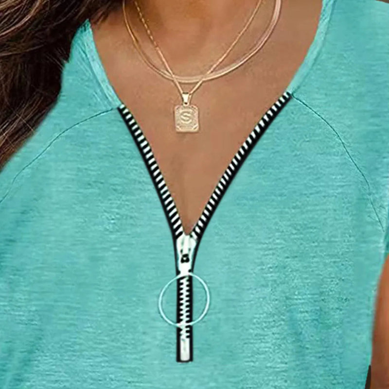 Full Size Half Zip Cap Sleeve T-Shirt -runwayfashionista.com