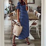A collection of V-neck casual loose midi dresses with striped patterns and side slits, available in various colors.