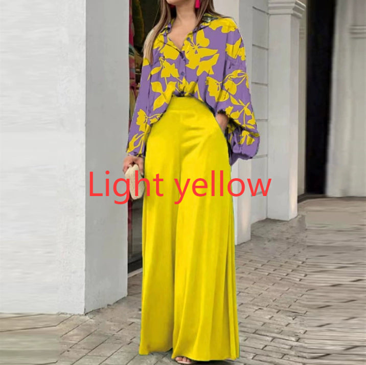 Fashionable Printed Wide-leg Pants - light yellow