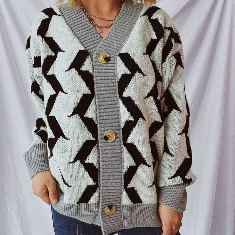 Contrast Trim Geometric V-Neck Long Sleeve Cardigan - runwayfashionista.com