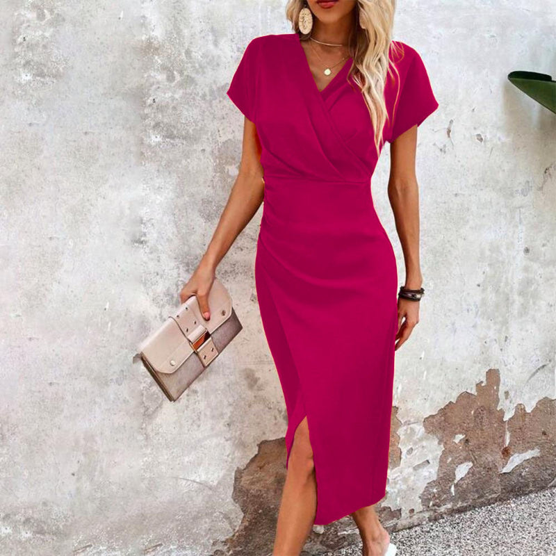 Short-sleeved Midi Dress - rose red
