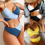 Three different colored bikini sets displayed in a collage.