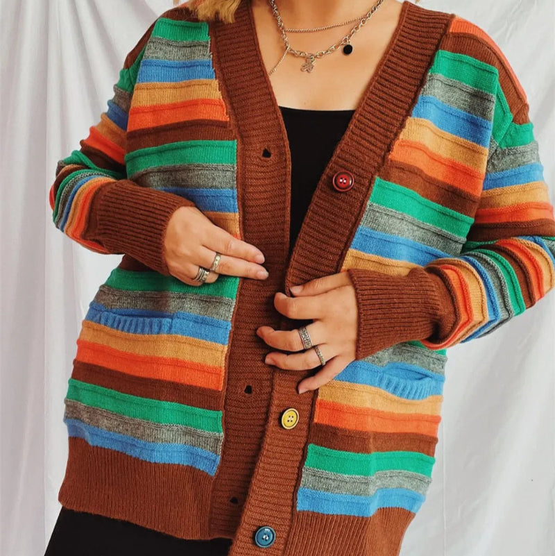 Contrast Stripes Button Up Long Sleeve Cardiganrunwayfashonista.com