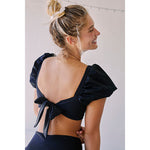 Puff Sleeve Square-Neck Bikini Set With Tie-Side Bottom - black