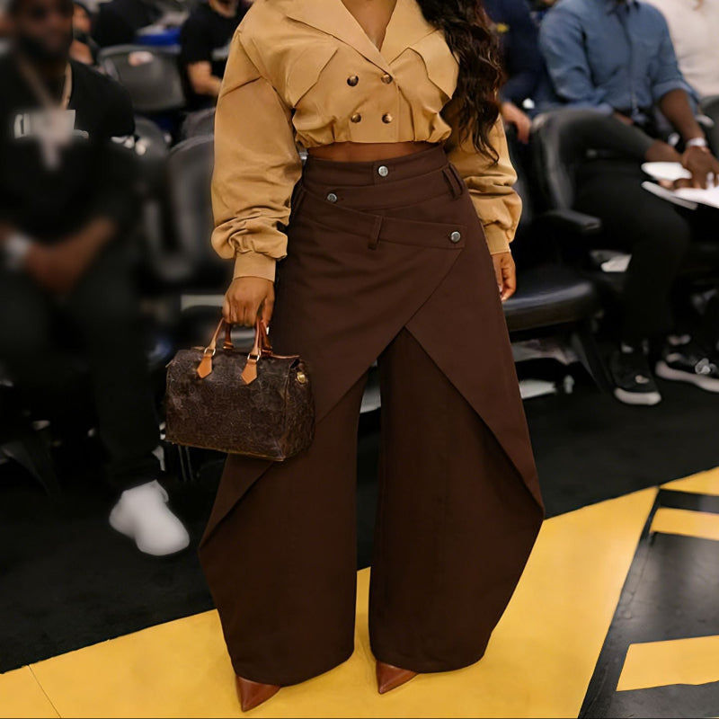 Retro High-waisted Cross-over Metal Buckle Irregular Wide-leg Pants - cofee