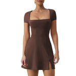 Elegant U-Neck A-Line Midi Dress - brown
