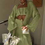 Sage Green 3-Piece Crop Top, Kimono Cardigan & Wide Leg Pants