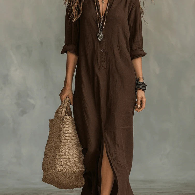 Long-sleeve Maxi Dress -brown