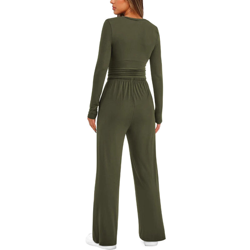 2 Pieces Long Sleeve Tops High Waisted Wide Leg Pants - green