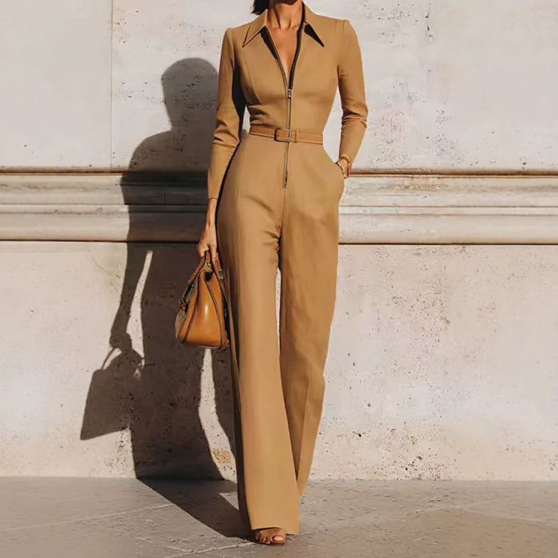 Pointed-Collar Zip-Front Belted Straight Wide-Leg Long-Sleeve Jumpsuit - camel