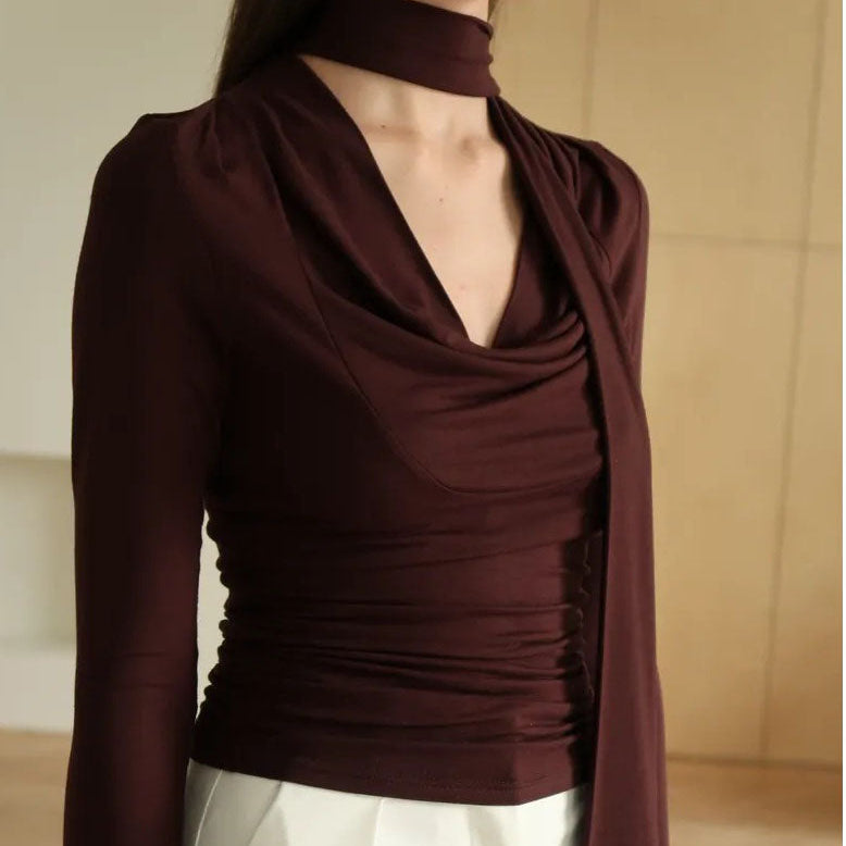 Ribbon V-neck Scarf Long-sleeved Base Top