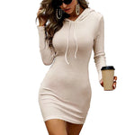 Ribbed Hooded Long Sleeve Mini Dress - beige