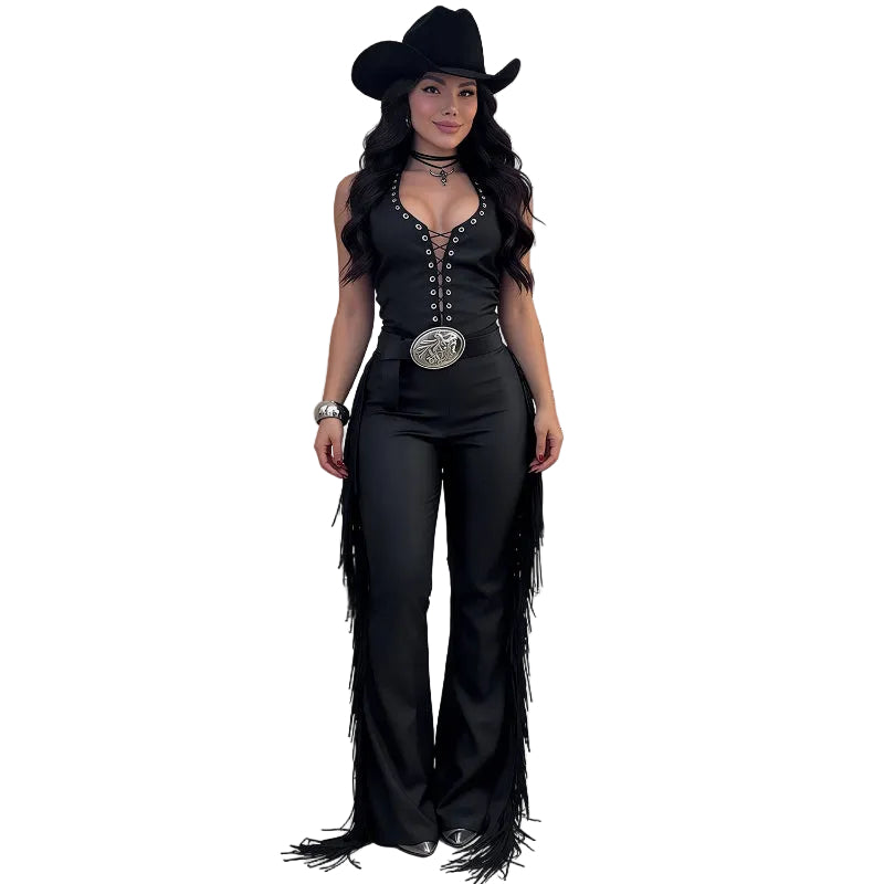 Lace-Up Halter Fringe Wide-Leg Jumpsuit