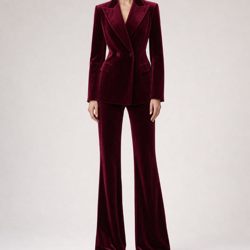 Burgundy Velvet Blazer & Flare Pants Suit ✨