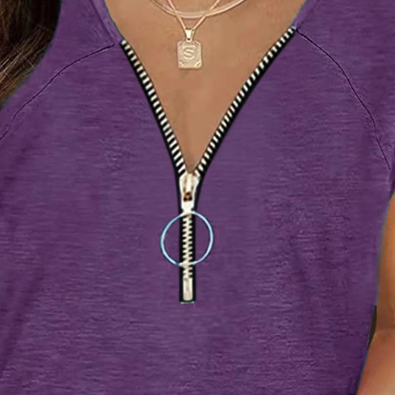 Full Size Half Zip Cap Sleeve T-Shirt -runwayfashionista.com