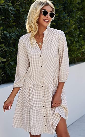V Neck Button Three-quarter Sleeves Dresses - Pink