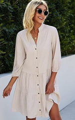 V Neck Button Three-quarter Sleeves Dresses - Pink