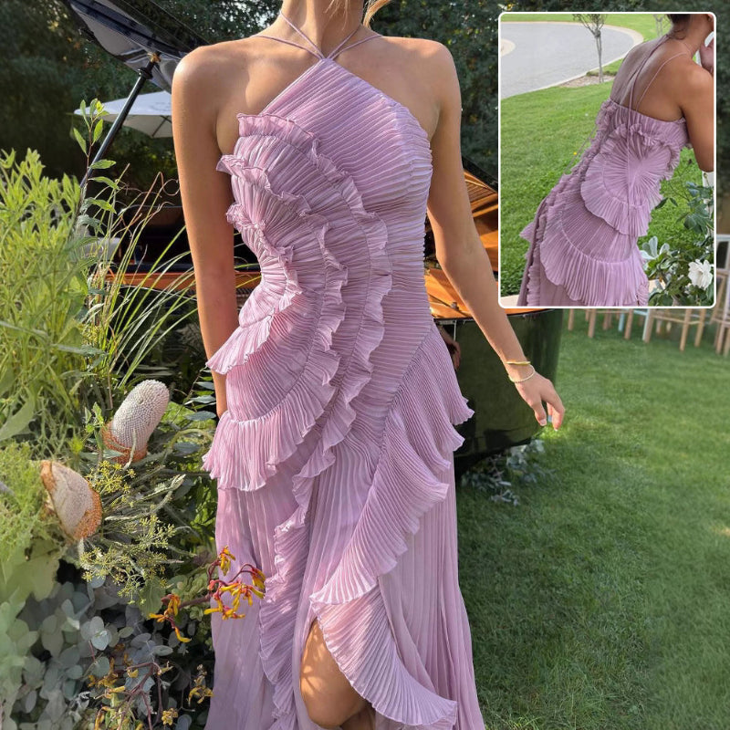 Ruffled Pleated Halterneck Midi Dress - Light Purple