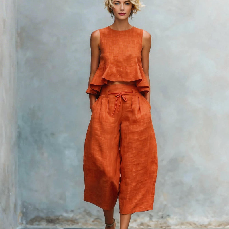 Round Neck Sleeveless Top And Loose Wide-leg Pants - orange red
