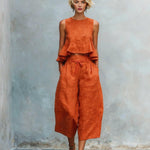 Round Neck Sleeveless Top And Loose Wide-leg Pants - orange red