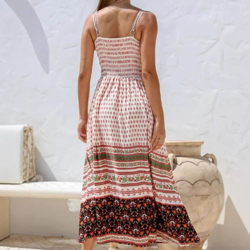 Sleeveless Printed Midi Dress with Adjustable Straps - White