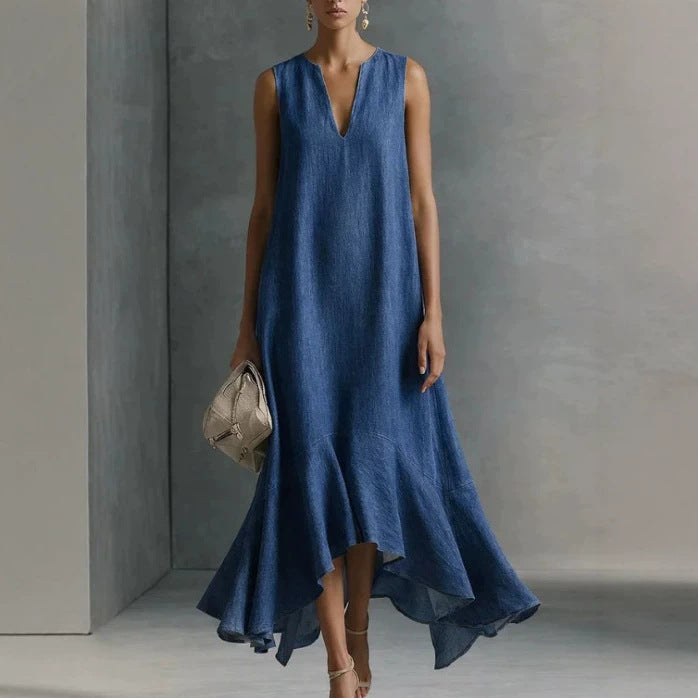 Sleeveless V-Neck Asymmetric Hem Maxi Dress - navy blue