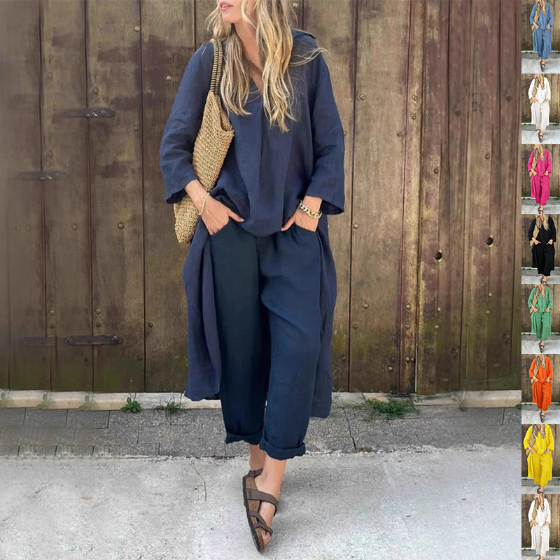 V-neck Top & Wide Leg Pants Set - navy blue
